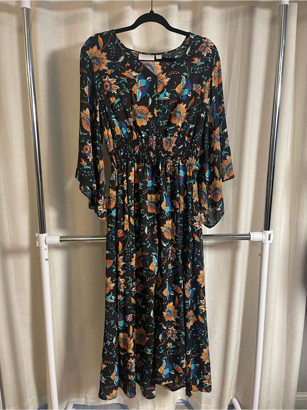 Kim Gravel Boho Black Floral Midi Dress with Elastic Waist